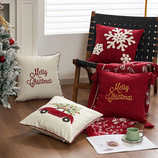 Pillow case Merry Christmas Letter Embroidery Sofa Pillowcase Canvas Red Christmas Throw Pillow Cover Headboard Pillowcase Decor Home 241112