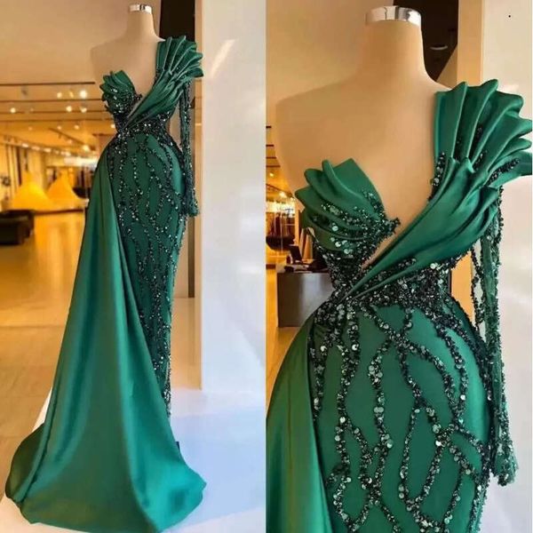 Size Evening Plus Green Dresses Mermaid One Shoulder Long Sleeves Lace Applique Beaded Sequins Overskirt Or Length Satin Custom Made Prom Pa
