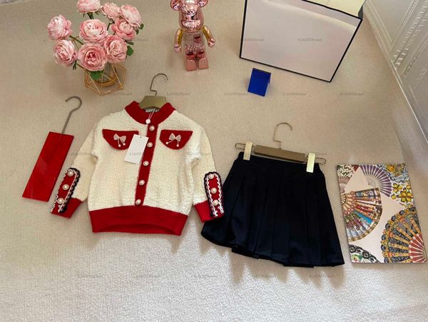 Top girls dress set child Sweater set kids designer clothes baby Autumn Two piece set Knitted button up cardigans and pleated skirts