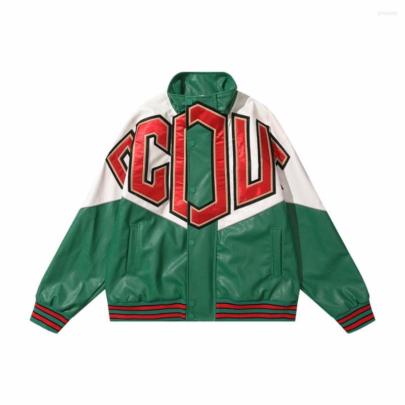 Men&#039;s Jackets Oversized Patchwork Letter Embroidery Pu Leather Jacket Men Women Loose Stand Collar Zipper Motorcycle Streetwear Coat Green