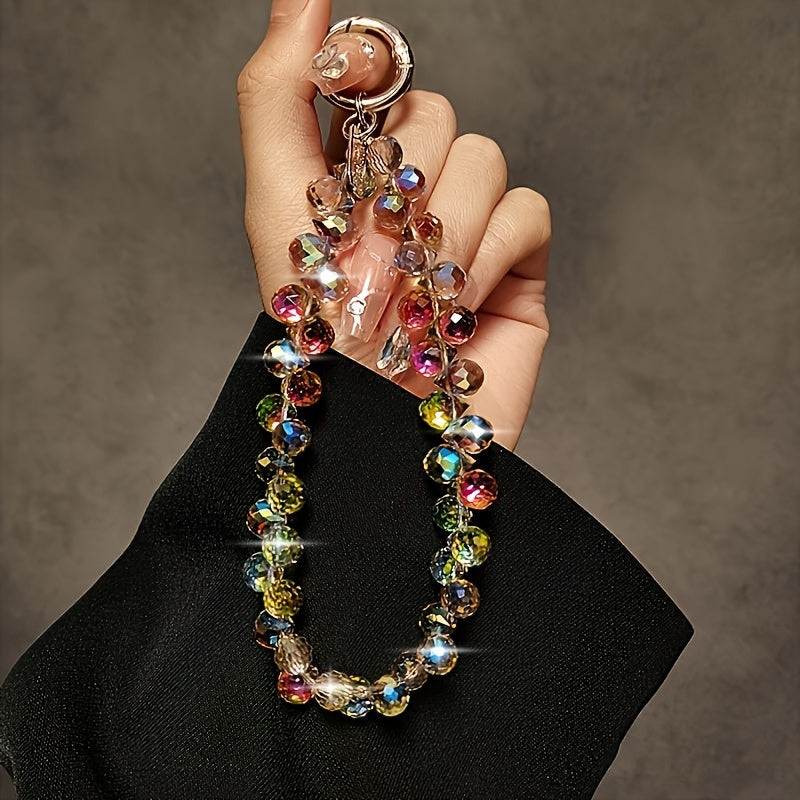 TEMU Handmade Sparkling Artificial Crystal Beaded Mobile Phone Chain Wristband - 5.5 Inch Charm Bracelet Lanyard, Suitable For Smartphones And