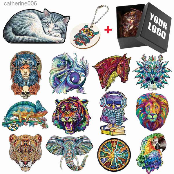 Puzzles Colorful Wooden Animal Puzzles Pretty Owl Horse Lion Intellectual Toy For Kids Adults Elegant Shape Cat Parrot Jigsaw PuzzlesL231025