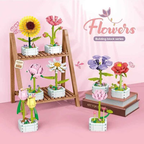 Blocks Bouquet Building Block Set Plant Potted Brick Toy Sunflower Rose Tulip Simulated Flower Desktop Decoration Girl Romantic Gift H240911