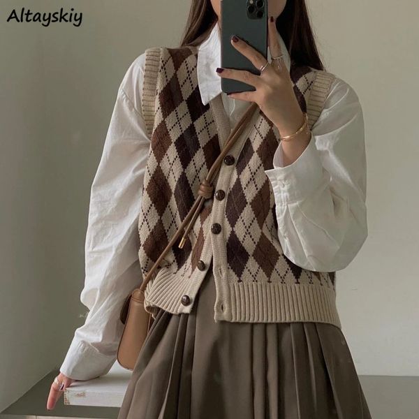 Knitting Sweater Vest Women Retro All-match Single Breasted Argyle Vests Preppy Style Chic Kawaii Sleeveless Sweaters Students 240801