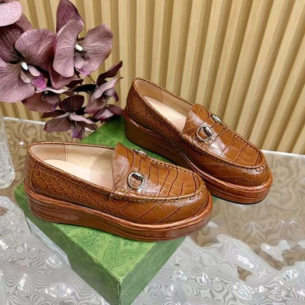 Luxury designer pumps 5cm platform heel dress Shoes women wedge heels leather stone pattern fashionable metal buckle casual thick soled loaf