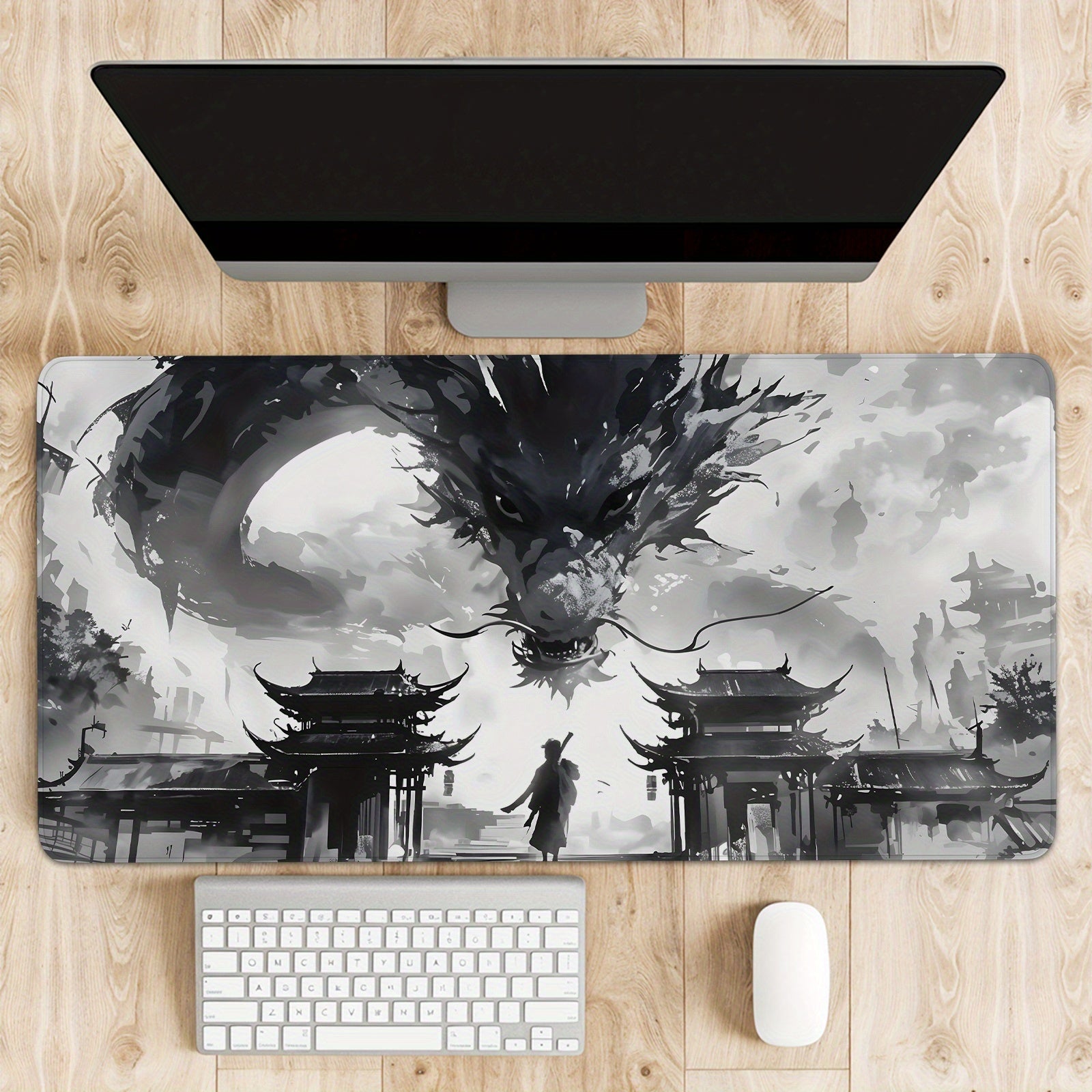 TEMU 1pc, Black And White Dragon Mouse Pad, Large Japanese Desk Pad, Large Anime Gaming Keyboard Pad, Oriental Decoration, Large Extended Desk