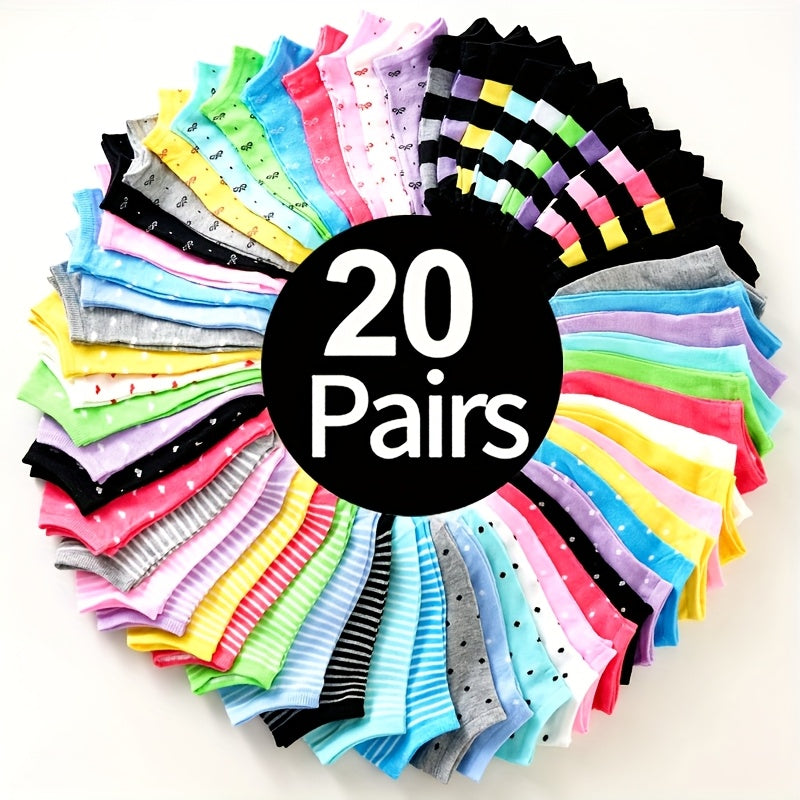 TEMU 10-20 Pairs Women’s Candy-colored Ankle Socks - Soft, Breathable, And Comfortable Low-cut Design With Fun Patterns (hearts, Stripes, Polka Dots)