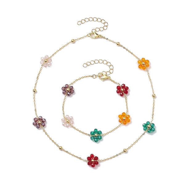 Conjuntos de pulseras y collares con eslabones de flores de vidrio.