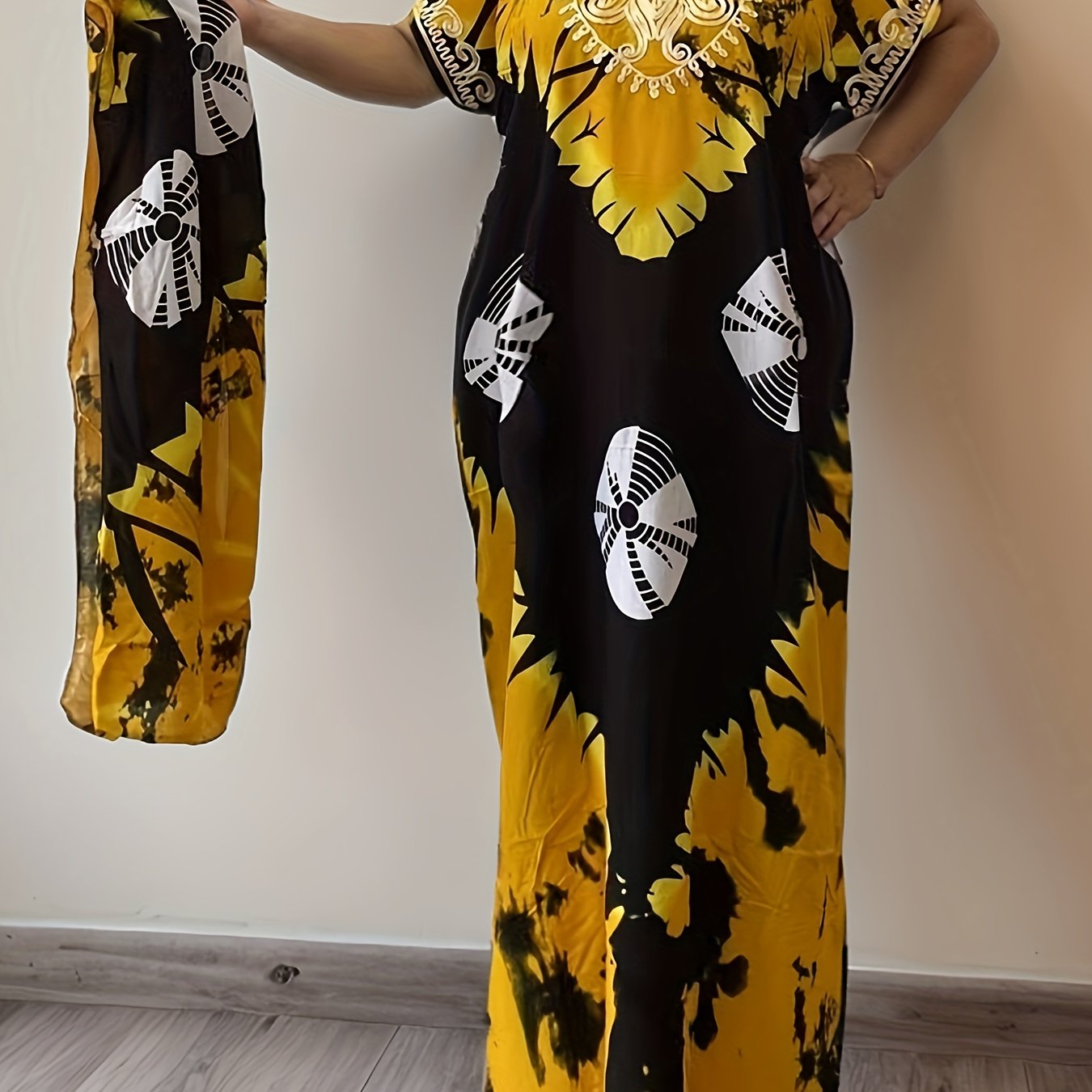 TEMU Print Kaftan Dress - Middle Eastern Style Women’s Long Sleeve, Rayon-viscose, Straight Cut Maxi Dress In Vibrant Floral Print Pattern, Attire |