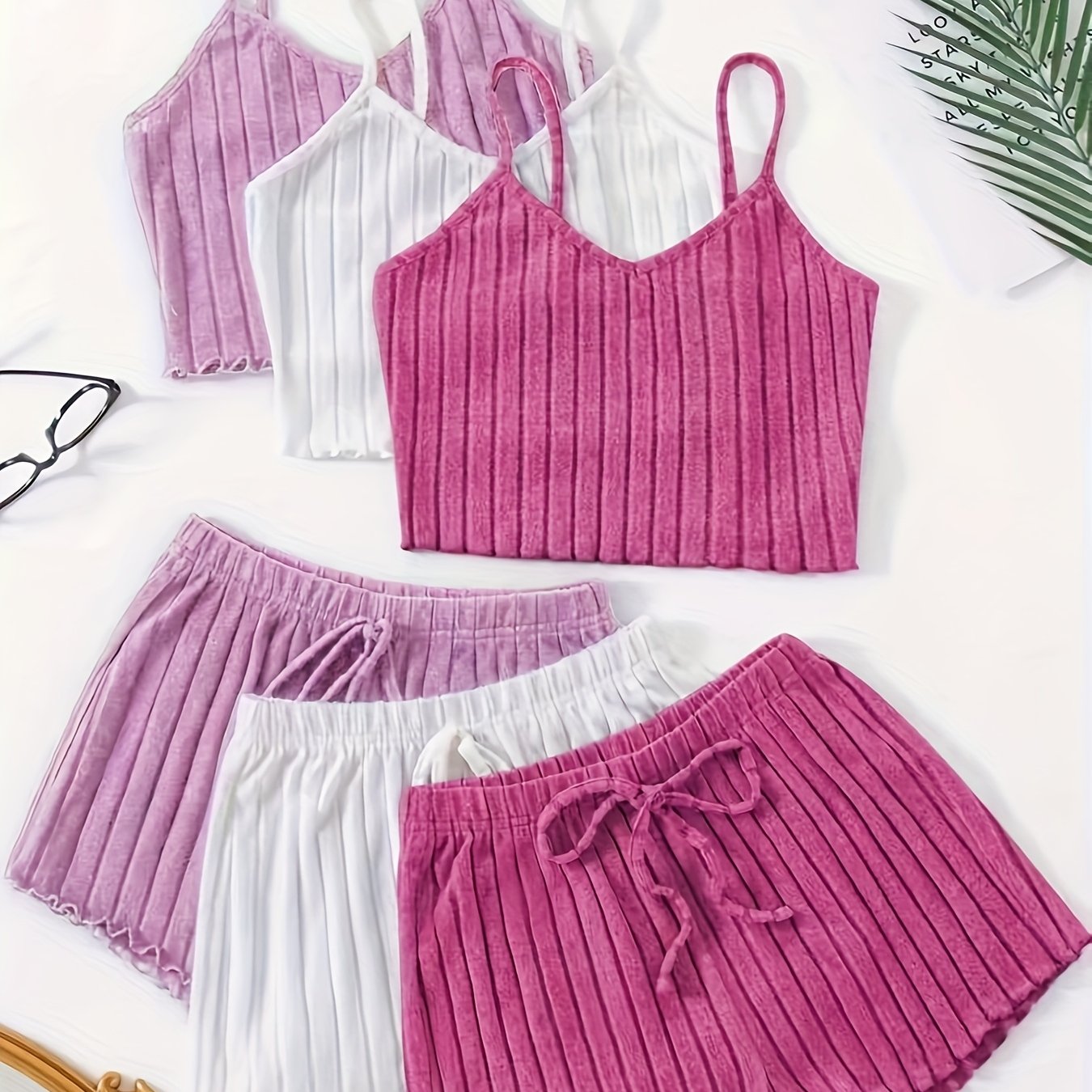 TEMU Women's Casual Solid Color Sleepwear Set - 6pcs Black, Red, Gray Tank Tops & Shorts With Drawstring Waist, Summer, Relaxed Fit Pajamas, Relaxed