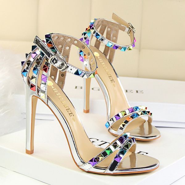 Sandals BIGTREE For Fashion Summer Rivet Buckle Strap PU 11CM Thin Heels Rome Evening Dress Women Shoes Champagne 6fb8