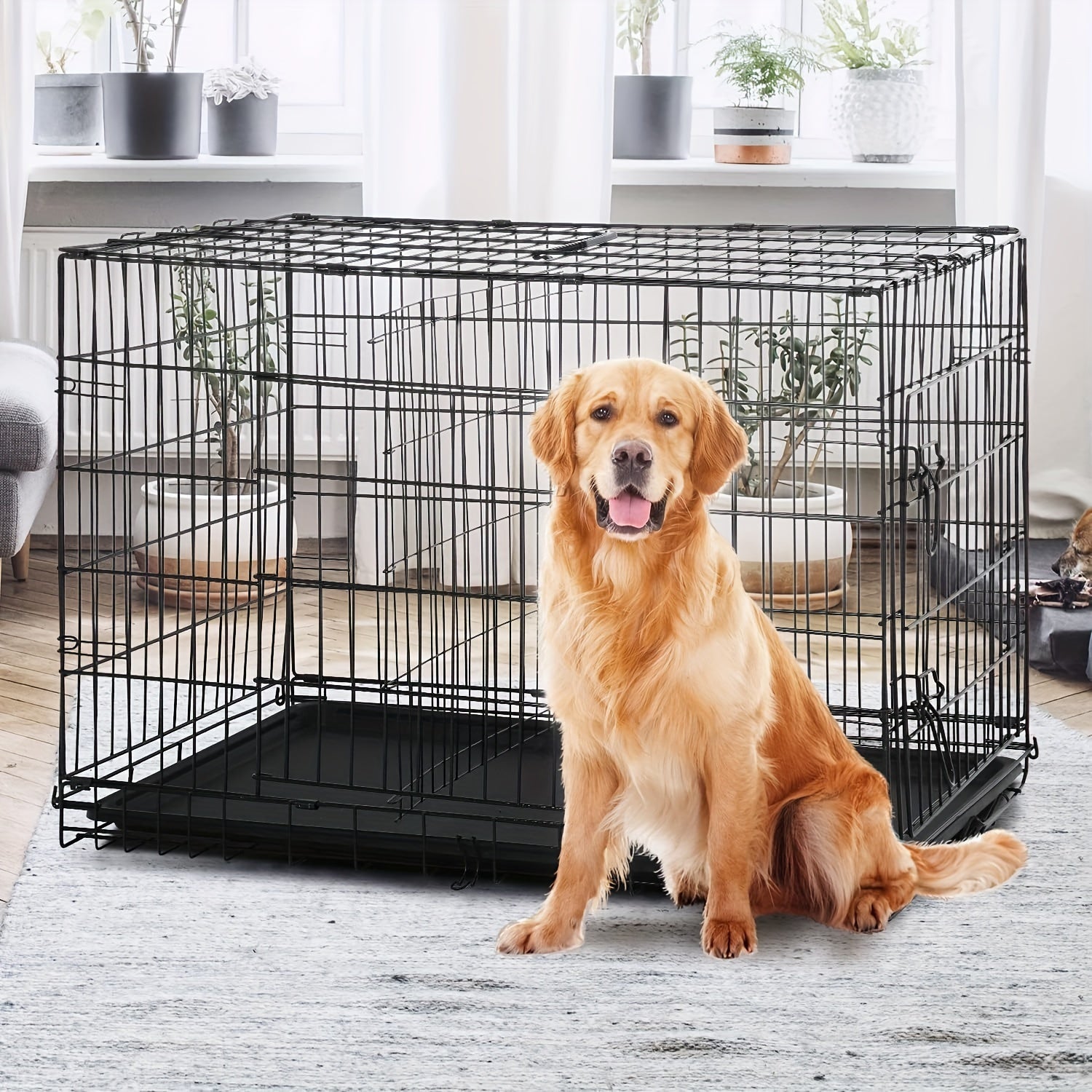 TEMU 42-48 Inch Double Door Folding Metal Dog Crate Dog Cage With Dividers And Leak-proof Tray Metal Crate For Puppy To Medium To Large Dogs, With