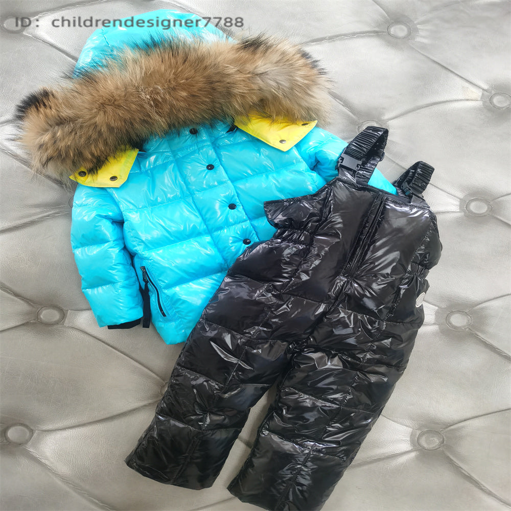 2024 Winter Kids Baby Girl Down Coat Winter Large Fur Collar Parka Down Jacket Warm Thickened Suspender Trousers Children Boys Clothing Set