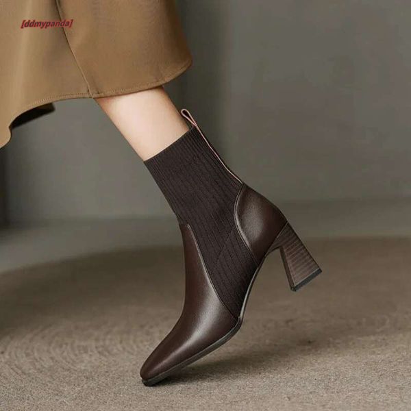 2025 Autumn Winter Ankle Socks Shoes Fashion Knitted Short Boots Women Slip On High Heels Botas De Mujer ddmypanda