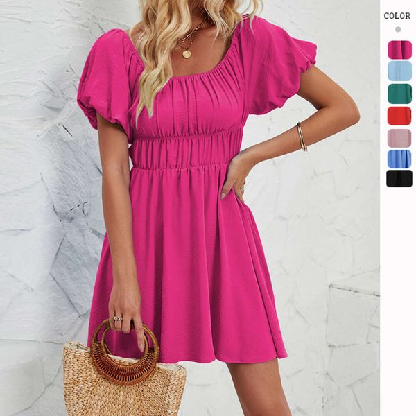 Hot selling Women&#039;s Off Shoulder Doll Dress Short Bubble Sleeves Casual A-line Pleated Summer Dress