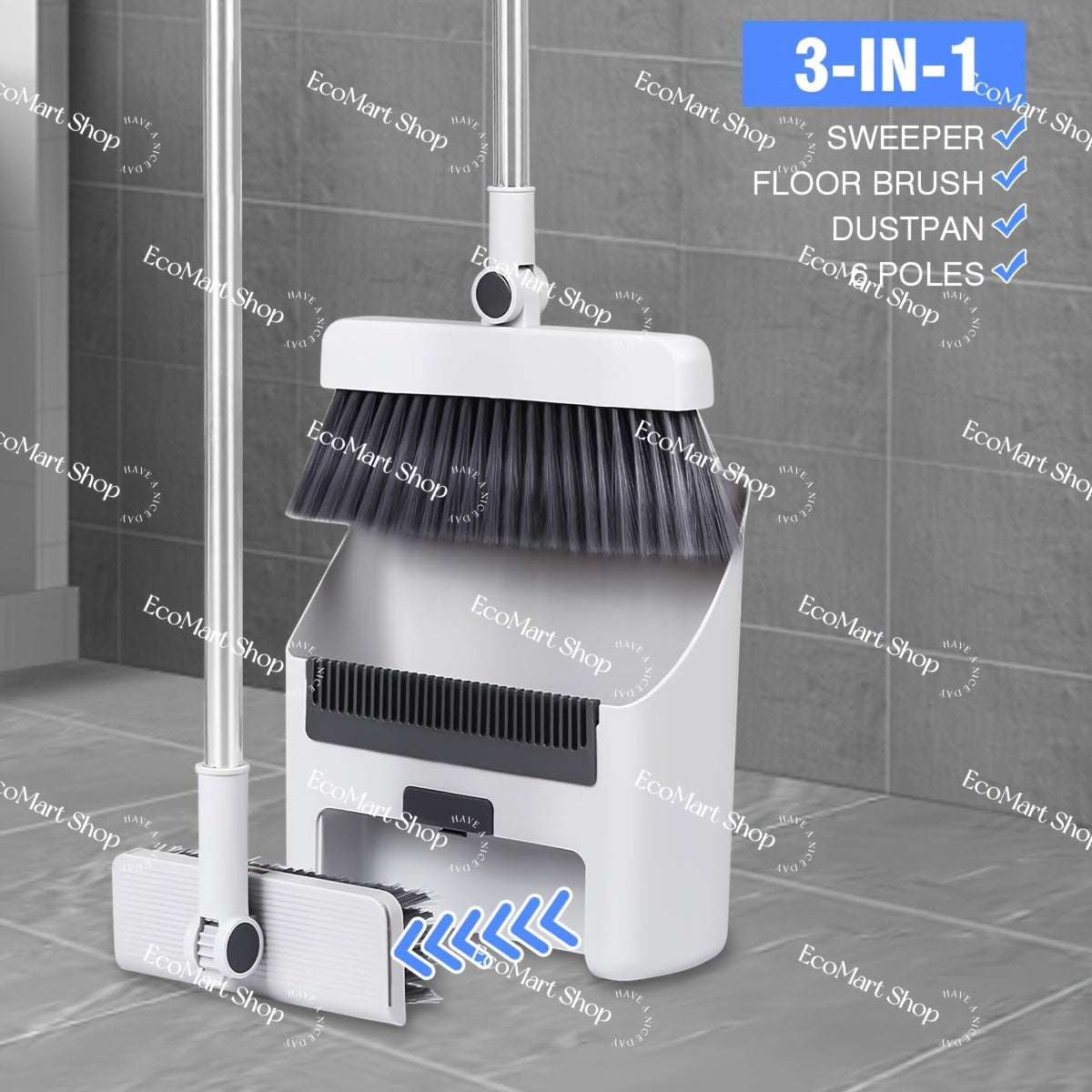 TEMU 3 In 1 Set Boat Cleaning Tools, Thickened Sweeping Broom, Floor Brush And Dustpan Combo Set, 6 Poles Long Handle, Hair Floor Cleaning Tool,