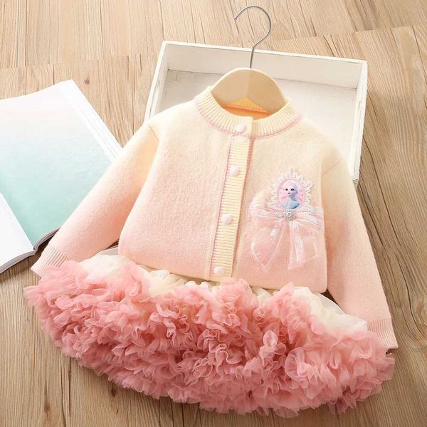 Clothing Sets Girls Dress Clothes Sets Spring Autumn 2024 Children Knitted Coats Sweaters Tutu Skirts 2pcs Party Suit For Baby Outfits Costu