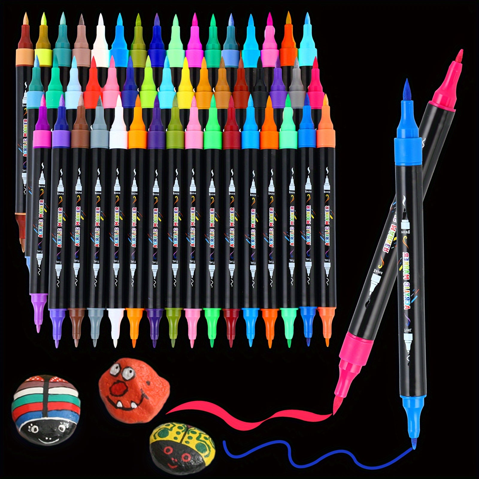 TEMU 48 Colors Acrylic Paint Markers Pen, Dual Tip Acrylic Paint Markers With Brush And For Kids And Adults, Wood, Stone, Rock Painting, Glass,