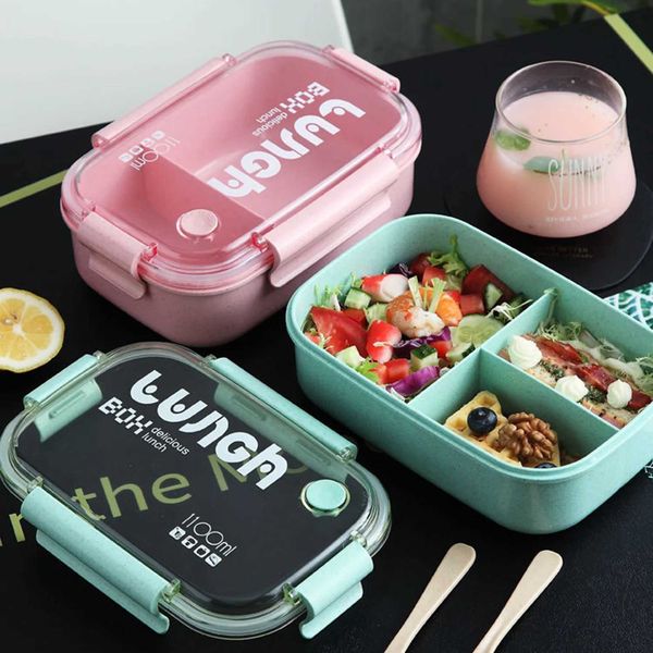1100ml Wheat Straw Lunch Box Student Lunch Box Sealed-Divided Lunch Box with Tableware Can be Microwave HeatedM240807