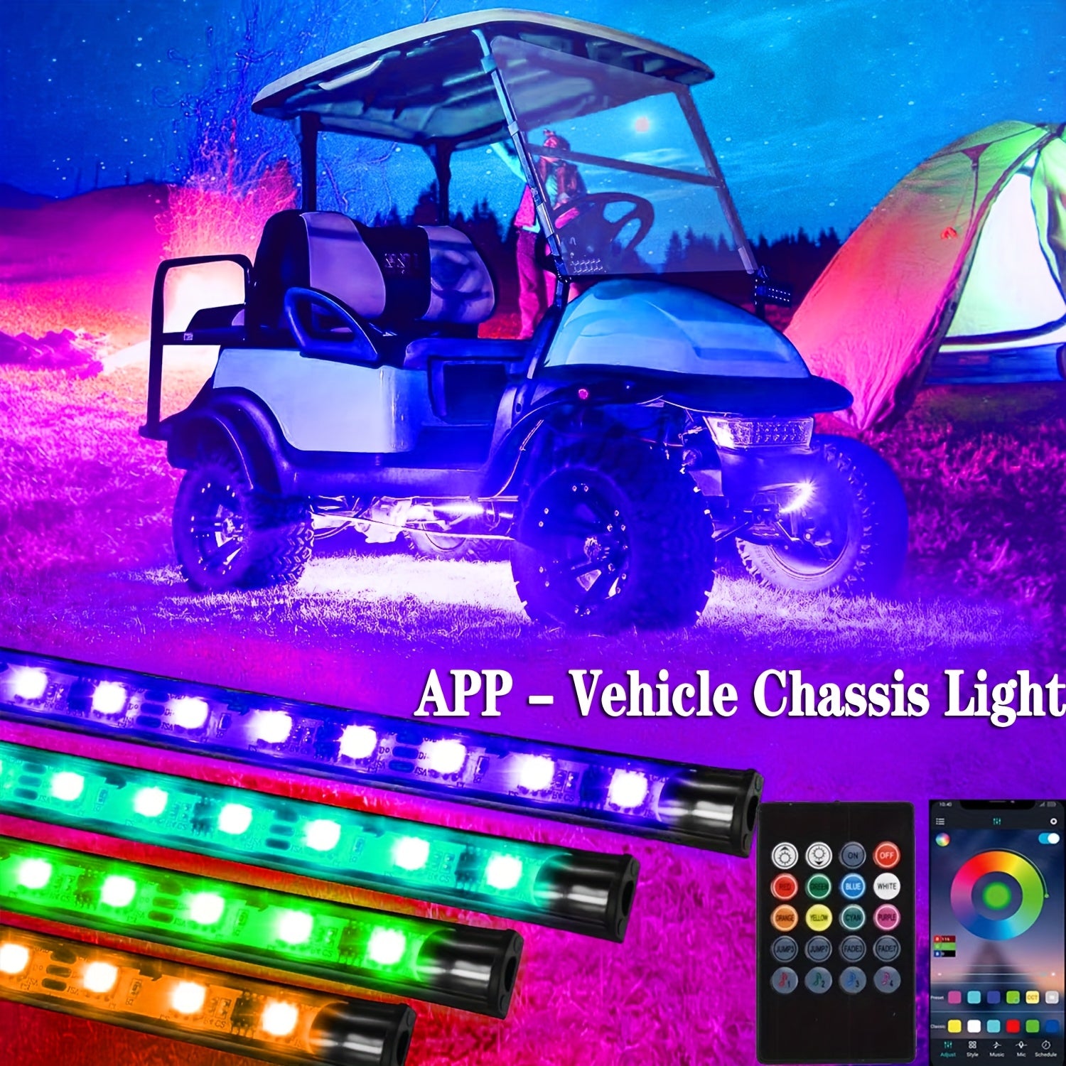TEMU 4pcs Golf Cart Underglow Led Light Strip Kit, Neon Underbody Lights, Wireless Remote, 4 Flexible Tubes Included Automotive Led And Neon