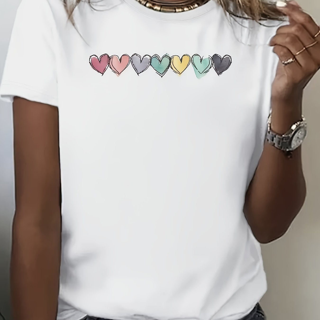 TEMU Hearts Gradient Print Crew Neck T-shirt, Casual Short Sleeve T-shirt For , Women's Clothing