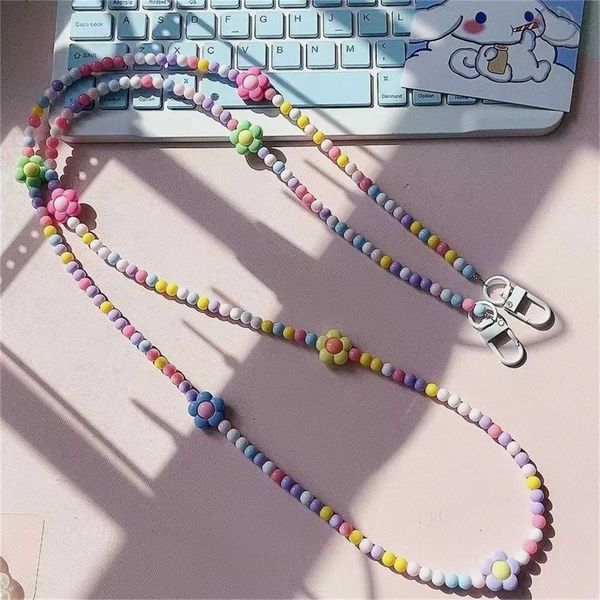 Cell Phone Straps Charms Korean Cute Rainbow Color Flowers Floral Crossbody Mobile PhoneLanyards Shoulder Detachable Lanyard Anti-lost Strap