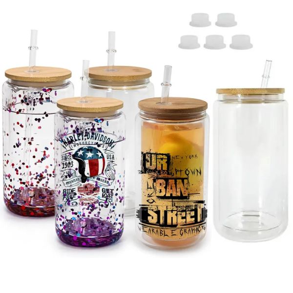 16oz Sublimation Snow Globe Glass Tumbler Double Wall Blanks Snowglobe Cups Juice Jar Can Mugs With Bamboo Lids And Pre-Drilled Hole LL