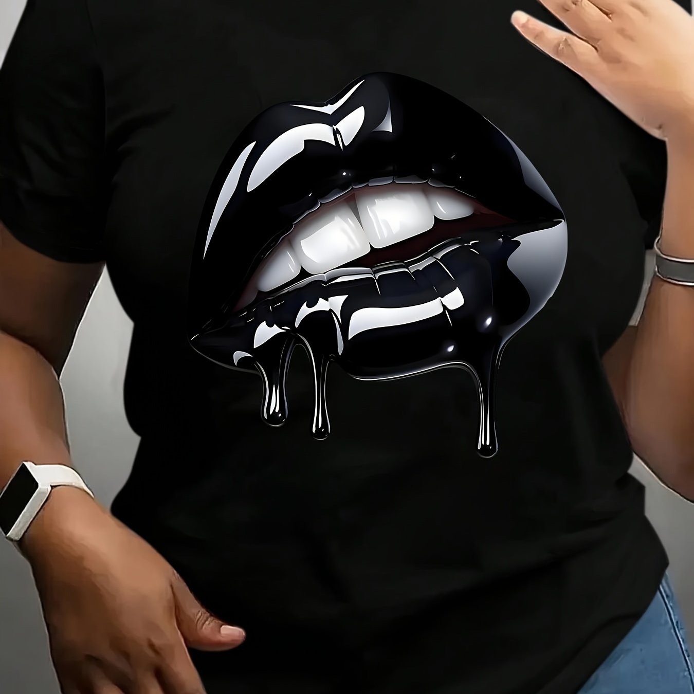 TEMU Women's Black Graphic T-shirt - Glossy Lips Print Tee, Breathable Everyday Shirt For Casual Outfits, Parties & Dates - Non-transparent Fabric,