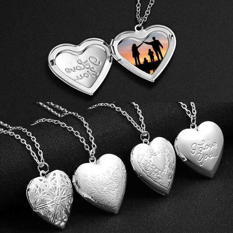 Open Love Heart Lock Pendant Womens Necklace Silver Chain Memory Photo Frame Family Lover Valentines Day Jewelry Gift New W240918