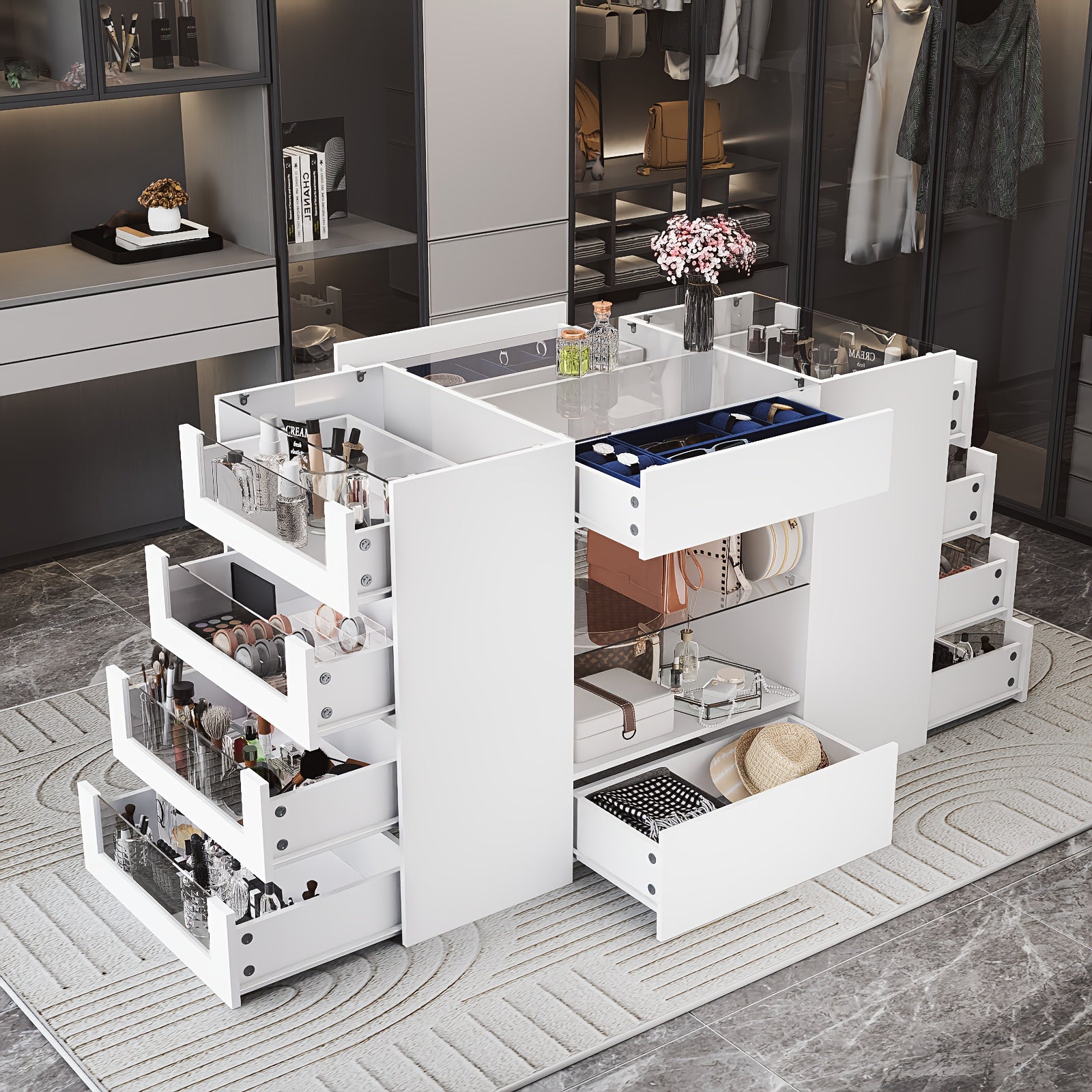 TEMU Wardrobe Closet Island With 8 Drawers & Glass Tabletop, Bedroom Island, Closet Island With Drawers, Island Dresser With Display Shelf, White