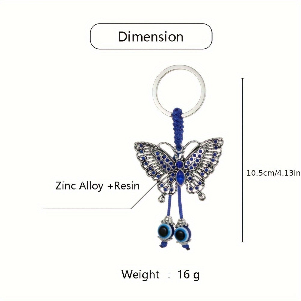 TEMU 1pc Fashionable Vintage Silvery Alloy Butterfly Keychain With Charm, Evil Eye Pendant, Leather Keyring For Men And Women - , Light Blue