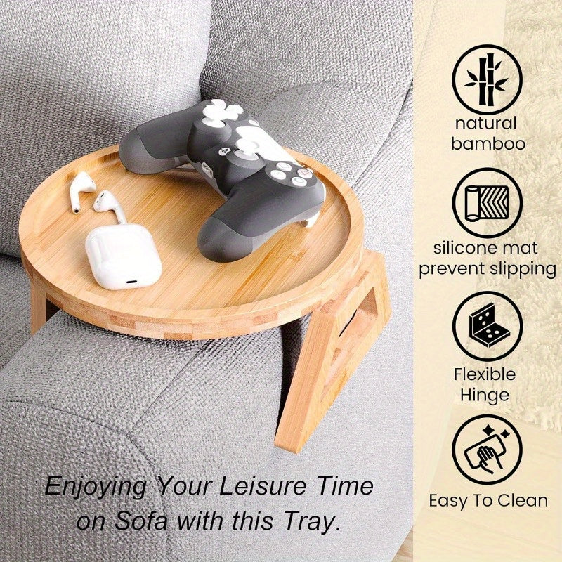 TEMU Adjustable Height Bamboo Folding Sofa Arm Tray - Wood Lap Desk With Clip-on Bracket For Armchair, Bedside - Holds Drinks, Snacks, Phone & Remote