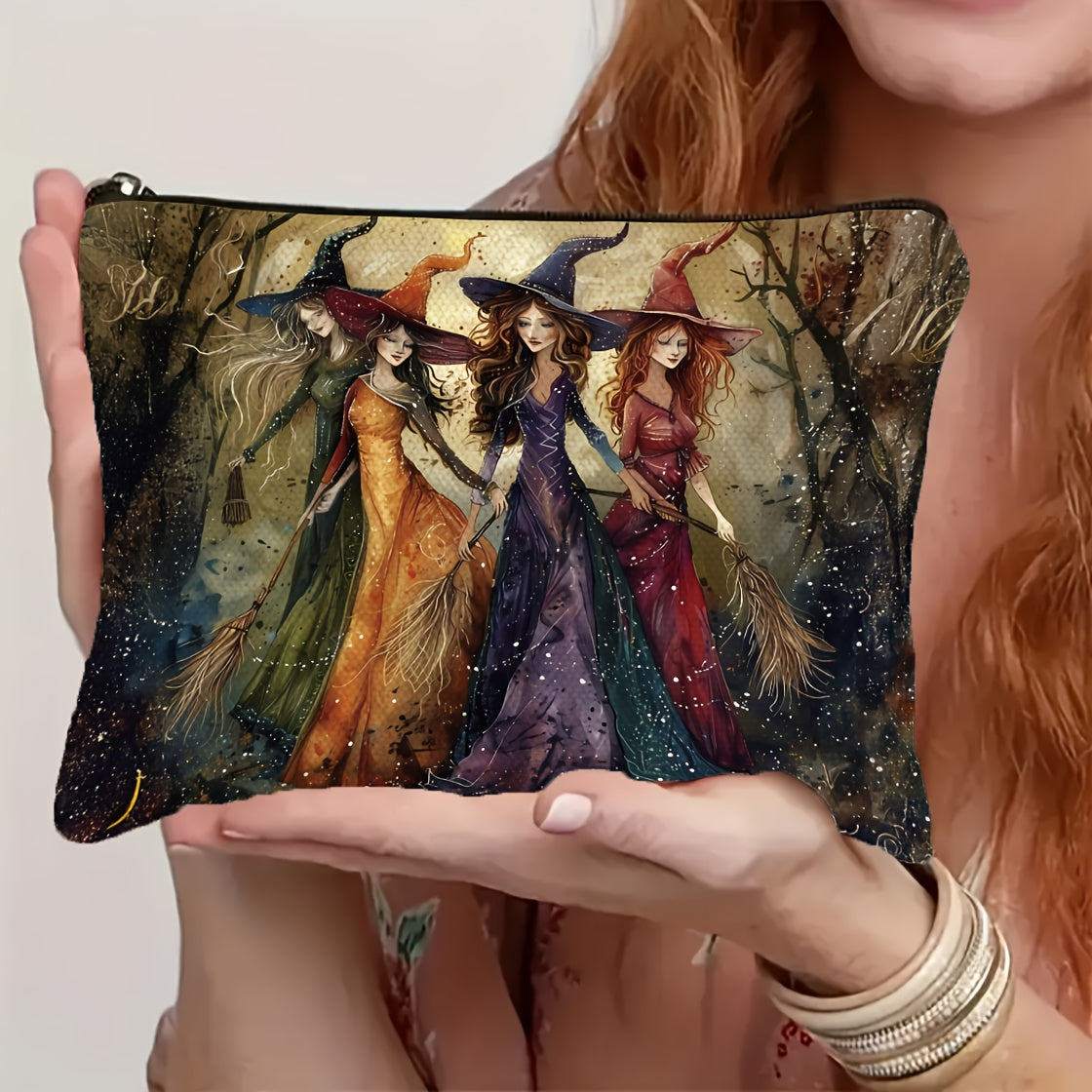 TEMU Vintage Makeup Bag - Dual-sided Forest Print With 3 On Broomsticks, Large Capacity Foldable Travel Cosmetic Organizer, Durable Zipper Closure -