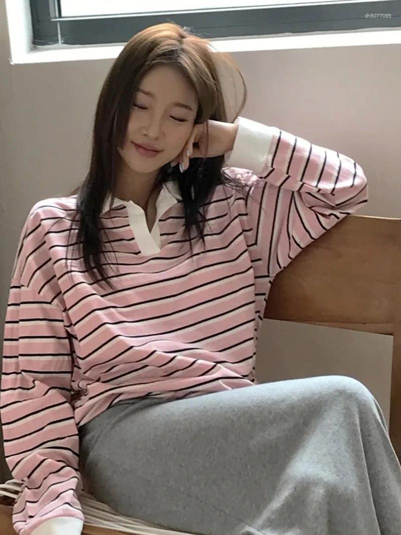 Women&#039;s Blouses Loose Long Sve T-irt Korean Sle Faionable Collared Base Layer Top Striped Boting Irt Lazy