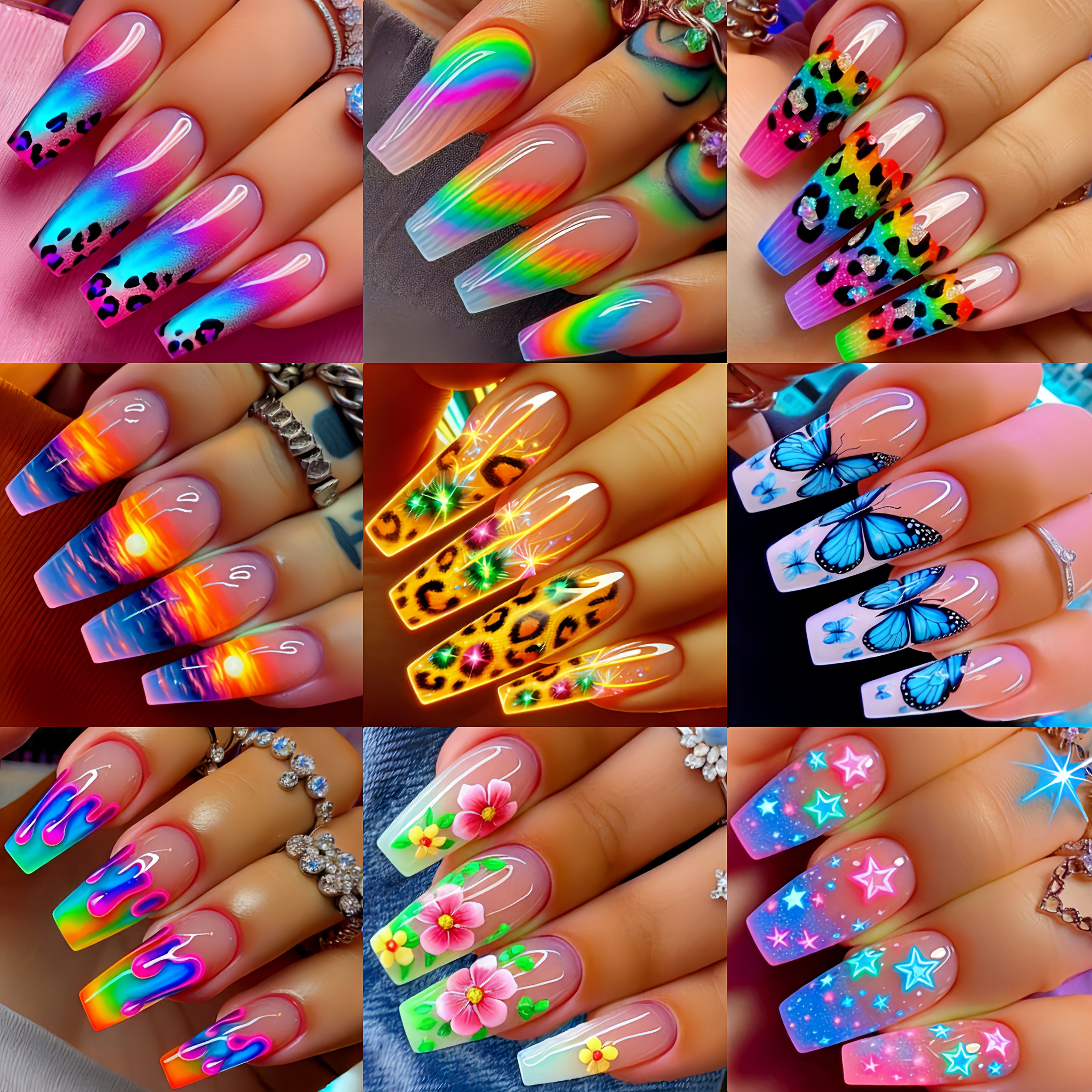 TEMU 216pcs Assorted Fake Nail Stickers - Ballet, Leopard, Floral, , And Glitter Designs - Removable, Glossy Finish - , Long Nail Stickers | Vibrant