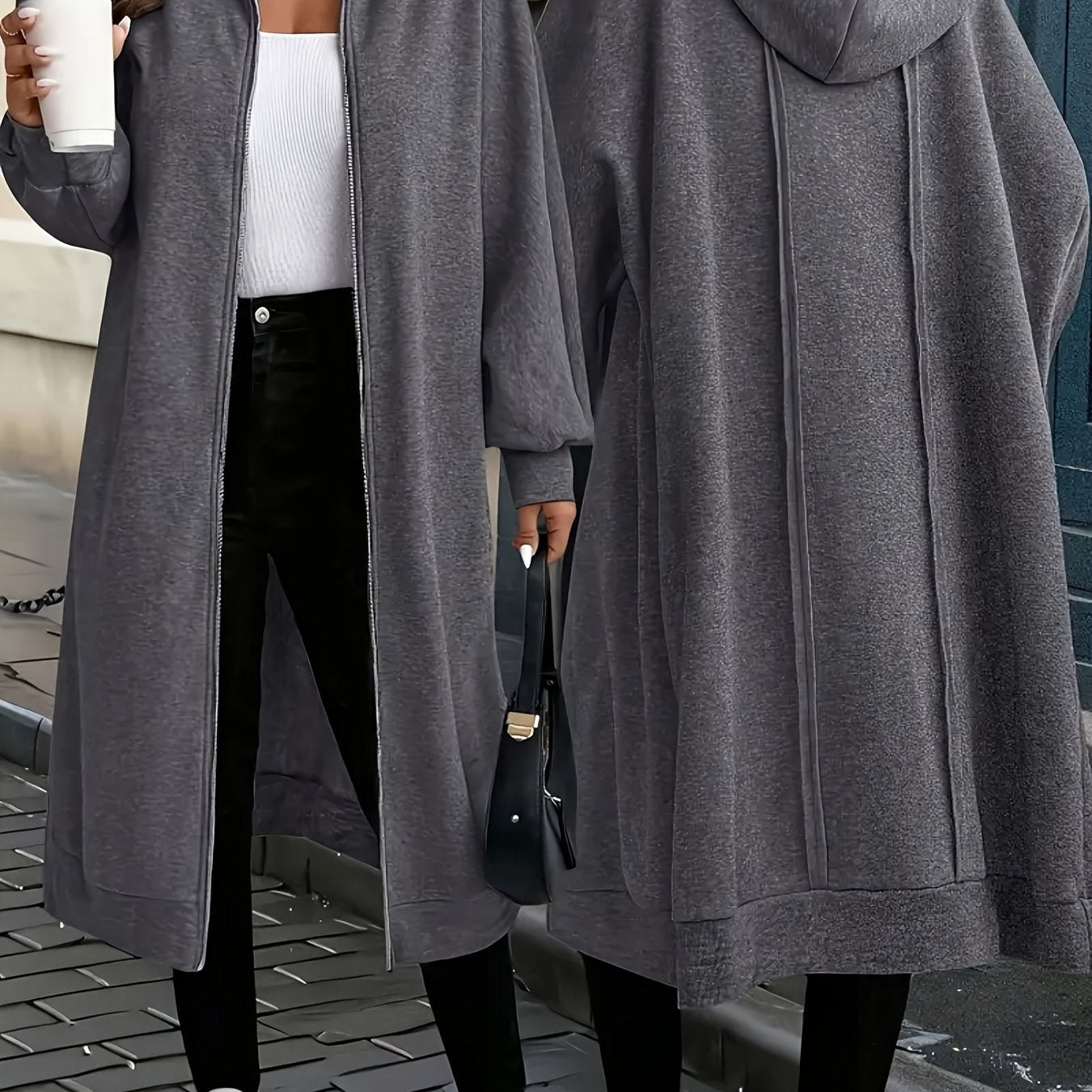 TEMU Plus Size - Plus Size Women's Elegant Hooded Coat - Long Formal To Casual Outerwear, Zipper Closure, Chic Jacket For Everyday & Special