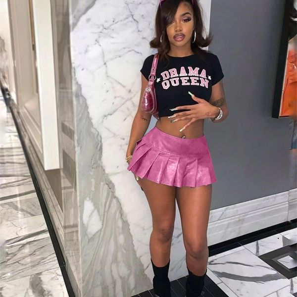 Skirts Ekoine Rok Mini Lipatan Lipit Solid Kulit PU Wanita Seksi Pinggang Tinggi Min Klub Pesta Streetwear Musim Panas 2023 Baru 230510