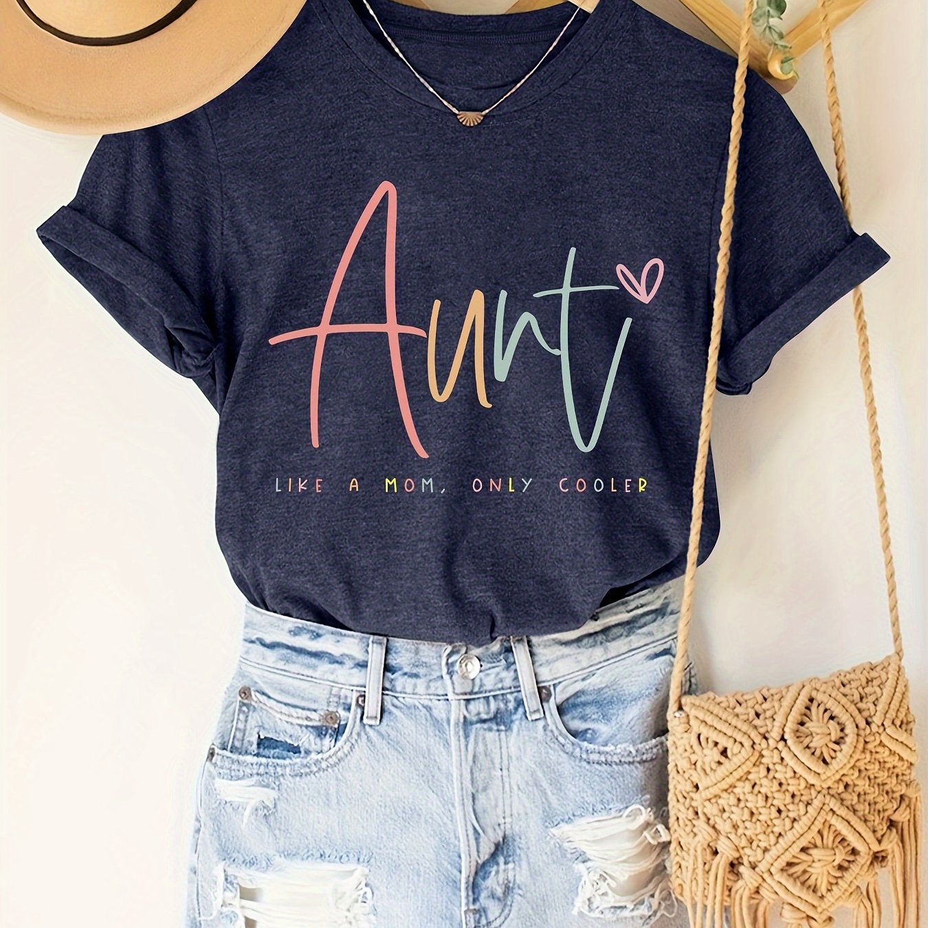 TEMU Women's Navy Blue "aunt" Letter Print Short Sleeve T-shirt - Casual Round Neck Tee With " Only Cooler" Slogan, Machine Washable Regular Fit For