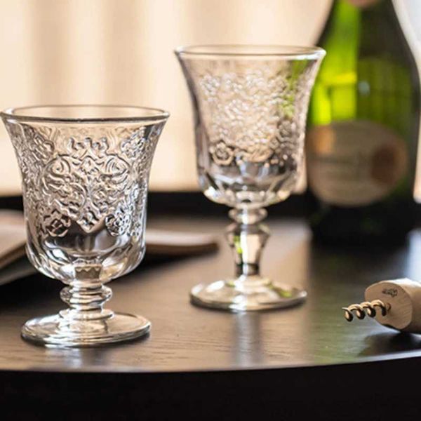 Wine Glasses Vintage glass cup European low footed drum court style red wine coaster embossed liquor decorative cup S249407