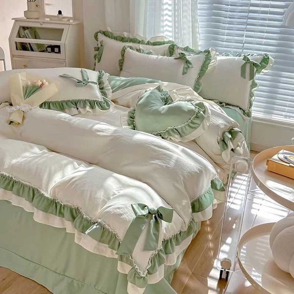Bedding sets Green Princess Bedding Set Double Layer Lace Bow Quilt Cover Sheet And case Simple Pastoral Girl Home Textiles H250113