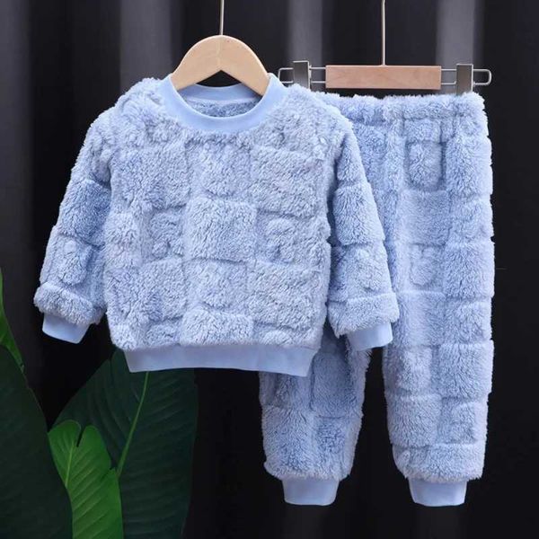 Pajamas 2Pcs Children Flannel Pajama Sets Baby Boys Girls Winter Plus Velvet Long Sleeve Tops+Pants Kids Sleepwear Warm Home Suits D2L CL250