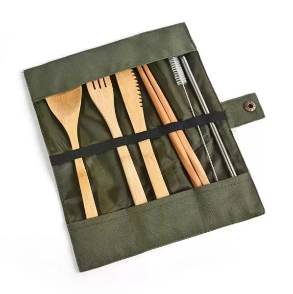 Wooden Bamboo Dinnerware Teaspoon Fork Soup Knife Catering Cutlery Sets With Cloth Bag Kitchen Cooking Flatware Tools Utensil