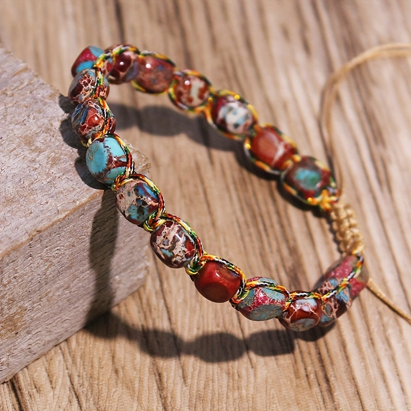 TEMU Bohemian Style Adjustable Handmade Colorful Natural Stone Beaded Bracelet - Vintage Boho Chic Jewelry For Women, Casual Attire & Gift , Bracelet