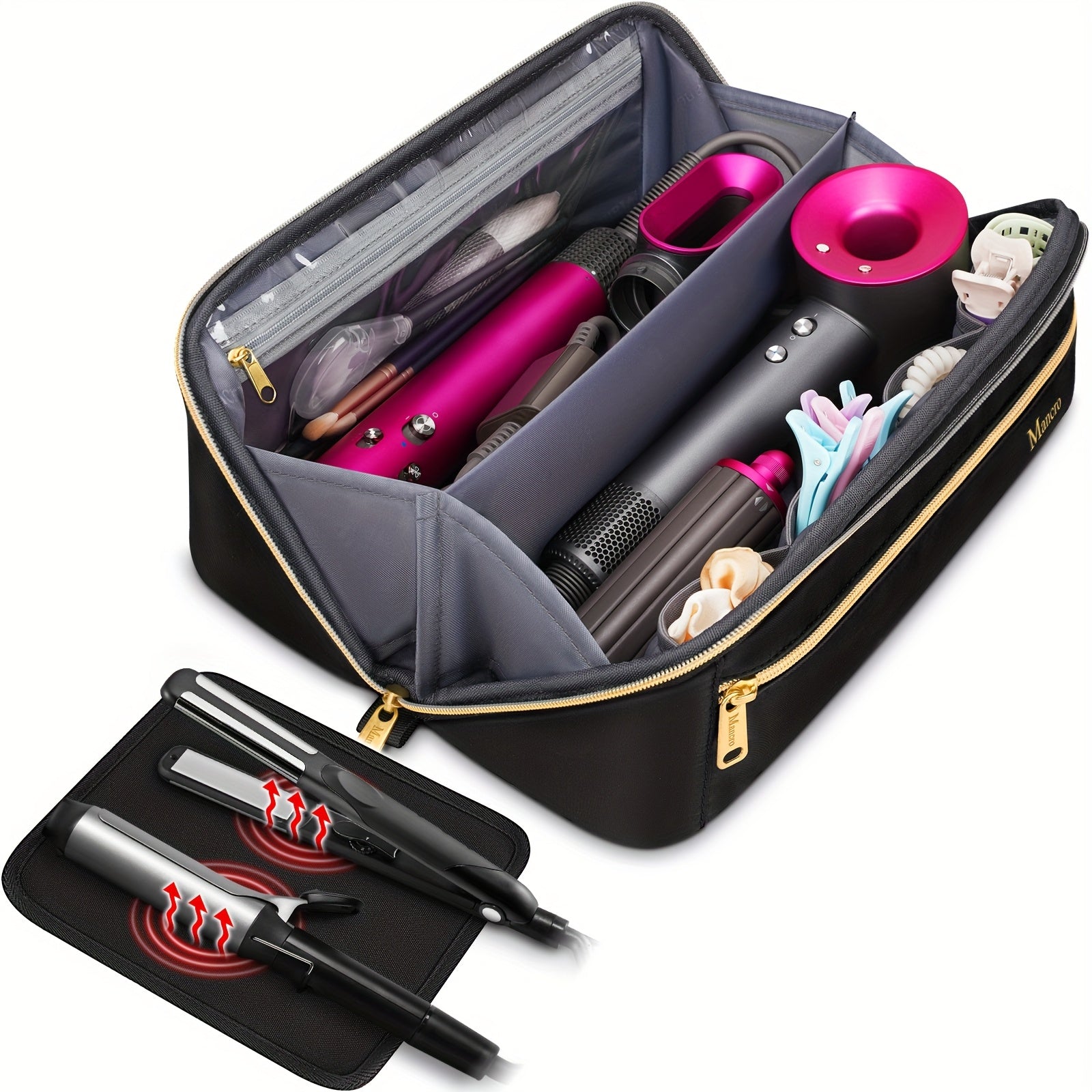 TEMU Tools Travel Bag With Separate Heat Resistant Mat, Large Capacity Wide-open Pouch, Hair Accessories Organizer For Flat Irons, Straighteners,