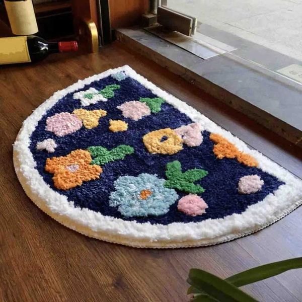 Flower Bath Mat Semicircle Boho Flower Cartoon Panda Pattern Washable Floor Door Mat Water Absorption Non-slip Door CarpetY240729
