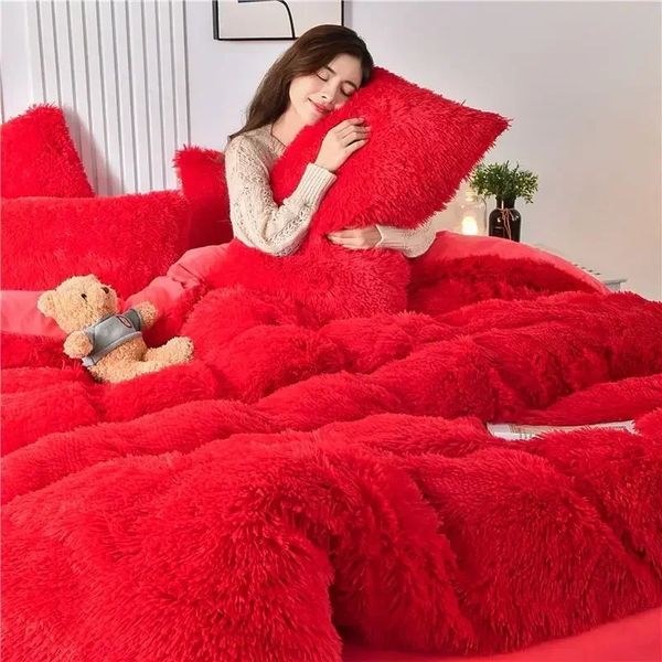 Winter Warm Plush Duvet Pink Romantic Princess Mink Veet Fluffy Flannel Quilt Cover Bedding Set King Size 240929