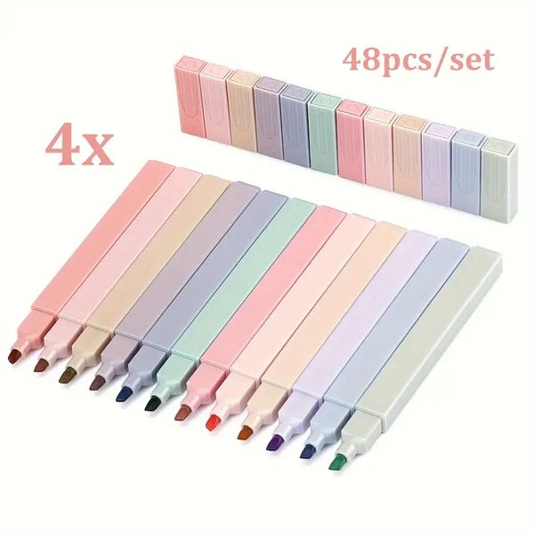 48pcs Pens Morandi Color Fluorescent Pen Soft Head Marker Pen Eye Protection