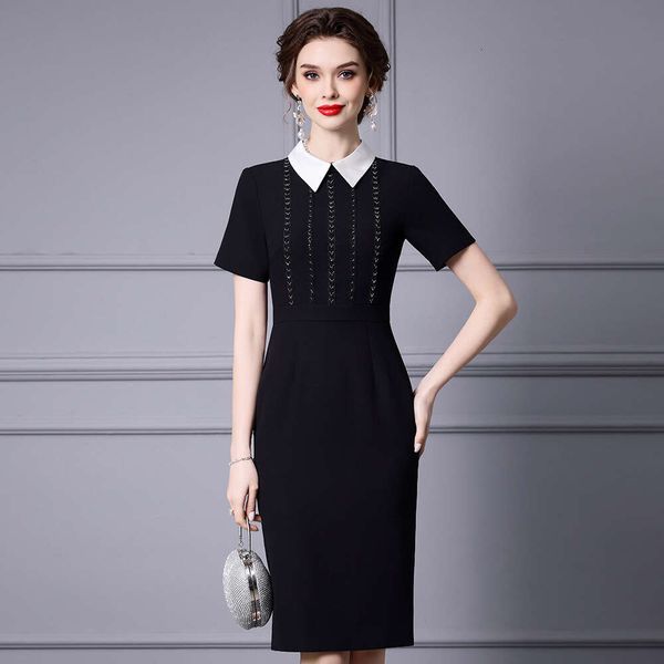 French Collar Little Black Summer High End Noble Heavy Industry Nail Diamond Short Sleeve Hip Wrap Dress 2024 New Style Self-cultivation Ove