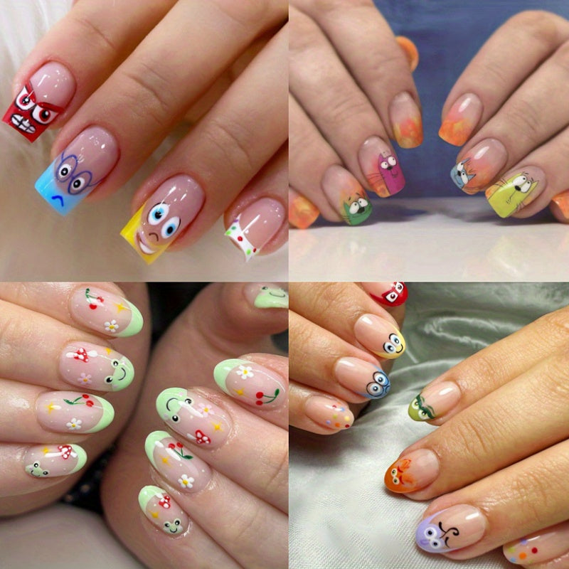 TEMU 96pcs (4 Pack) Glossy Almond-shaped Press-on Nails With Cute Cartoon& Ombre Designs -includes Jelly Adhesive & Nail File, Perfect Forcasual