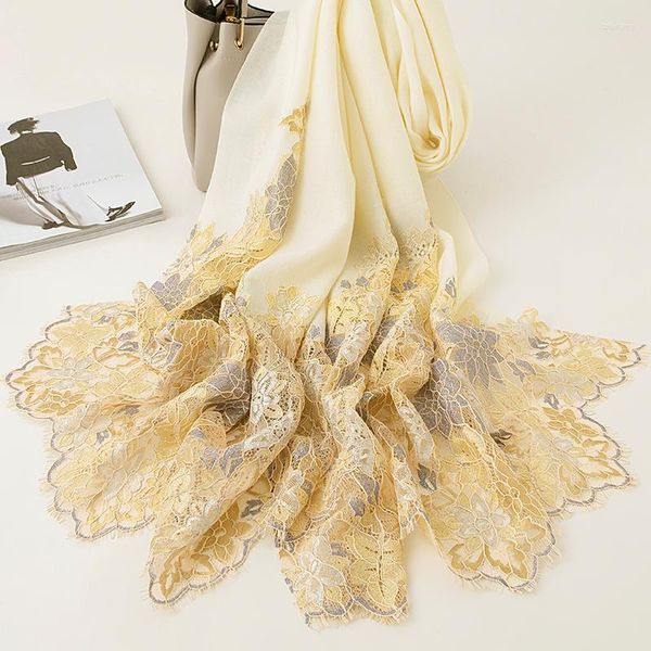 Scarves Winter Pure Wool Women Luxury Lace Embroidery Stole Beige Shawl Wrap Female Warm Pashmina Cashmere Foulard Femme